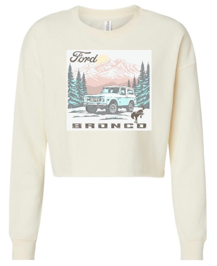 Women's Lightweight Crop Crewneck Sweatshirt with Vintage Bronco Image