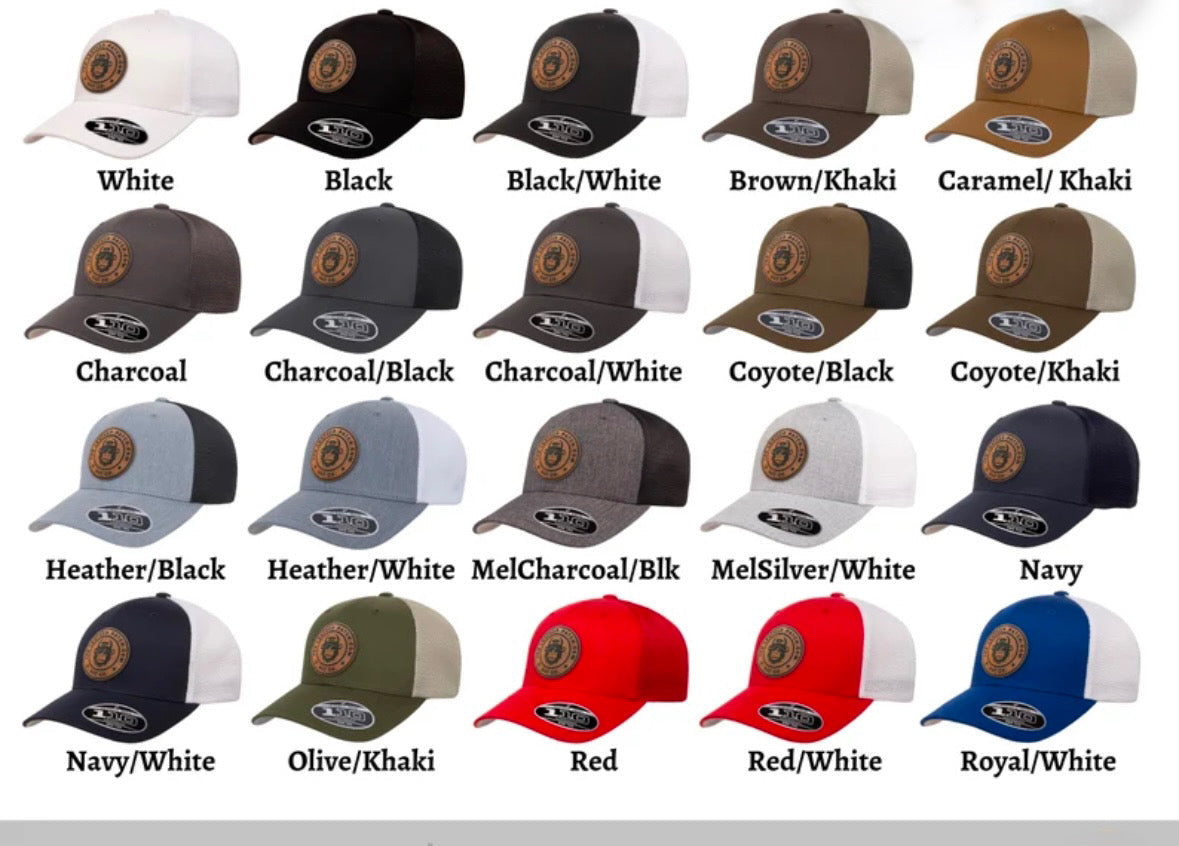 BUILD YOUR OWN - Laser Engraved FlexFit Adjustable Mesh Back Leather Patch Hat - Pick your hat, pick your patch!