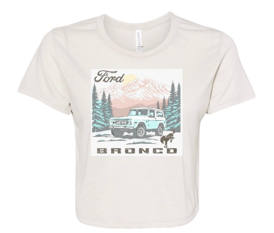 Women's Flowy Crop Tee with vintage Bronco image